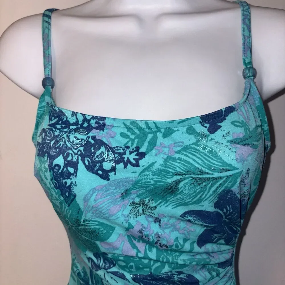 Vtg Cole Of California 90's One Piece Swimsuit Size 8 Blue Floral Metallic Print